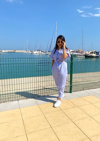 Mavi Bağlama Desenli Kısa Kollu Denim Tulum - Görsel 2