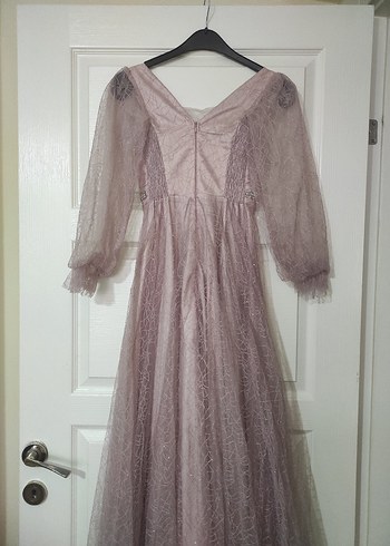 Bej V Yaka Uzun Kollu Vintage Abiye Elbise - Görsel 3