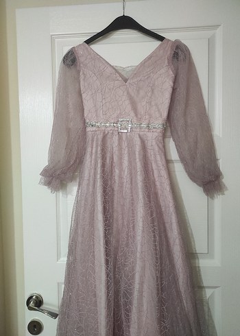 Bej V Yaka Uzun Kollu Vintage Abiye Elbise - Görsel 2