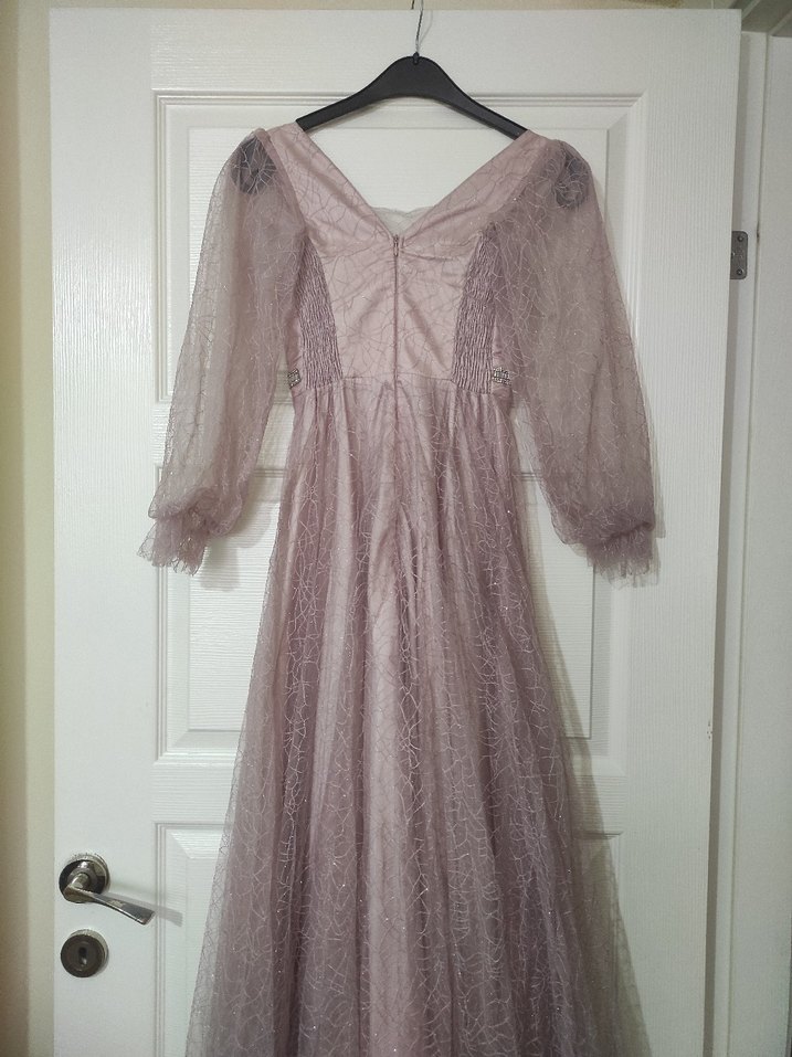 Bej V Yaka Uzun Kollu Vintage Abiye Elbise - Görsel 3