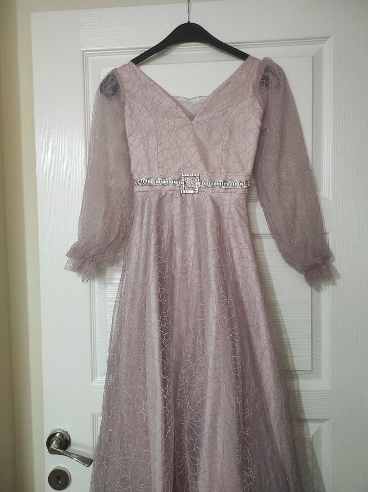 Bej V Yaka Uzun Kollu Vintage Abiye Elbise - Görsel 2