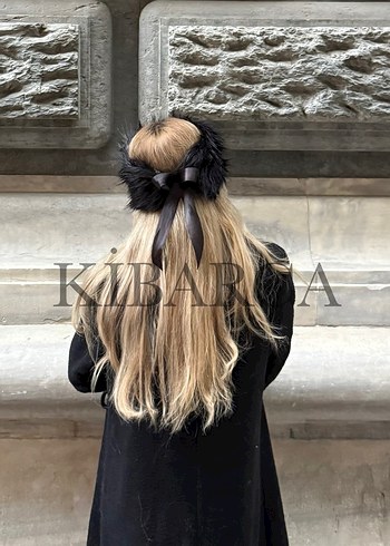 Siyah Kürklü Gotik Kadın Saç Aksesuarı Kürk Bandana Kurdeleli - Görsel 3
