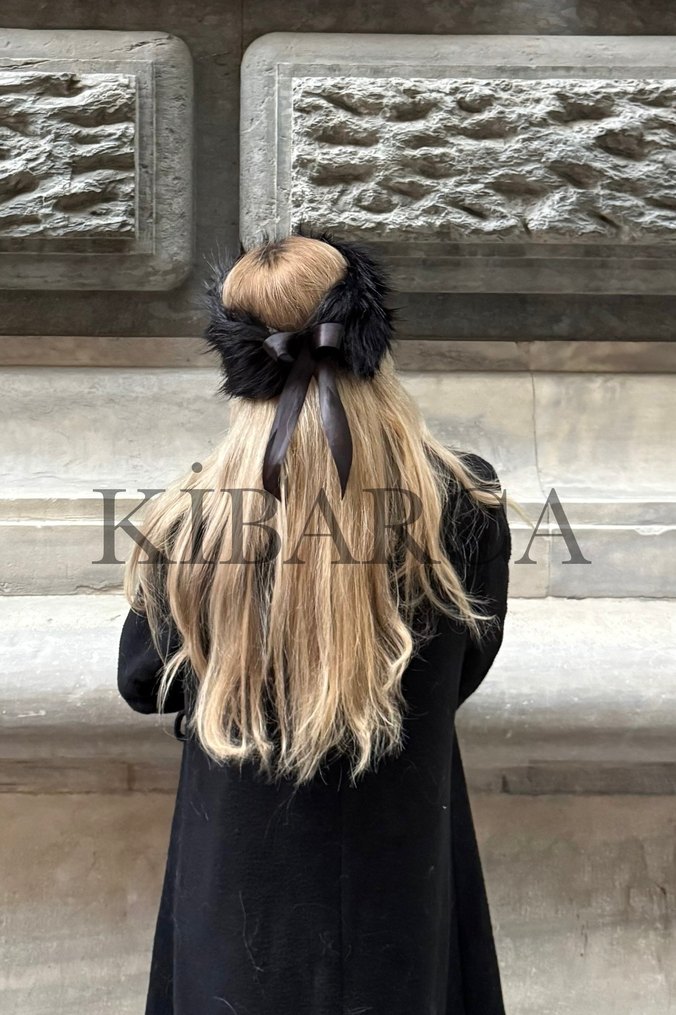 Siyah Kürklü Gotik Kadın Saç Aksesuarı Kürk Bandana Kurdeleli - Görsel 3