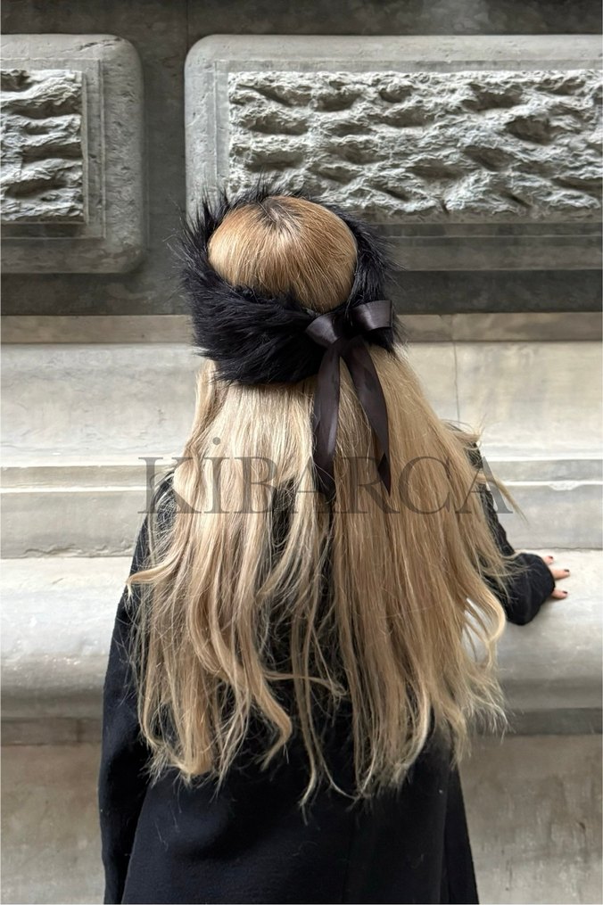 Siyah Kürklü Gotik Kadın Saç Aksesuarı Kürk Bandana Kurdeleli - Görsel 2