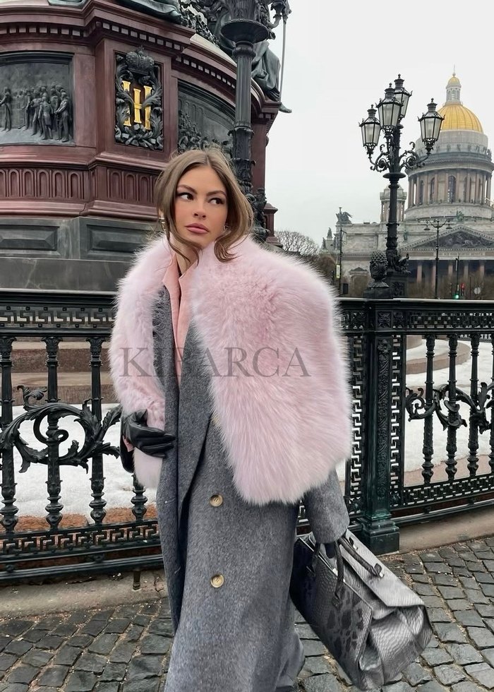 Pembe Uzun Kadın Kürk Atkı Şal - Görsel 2