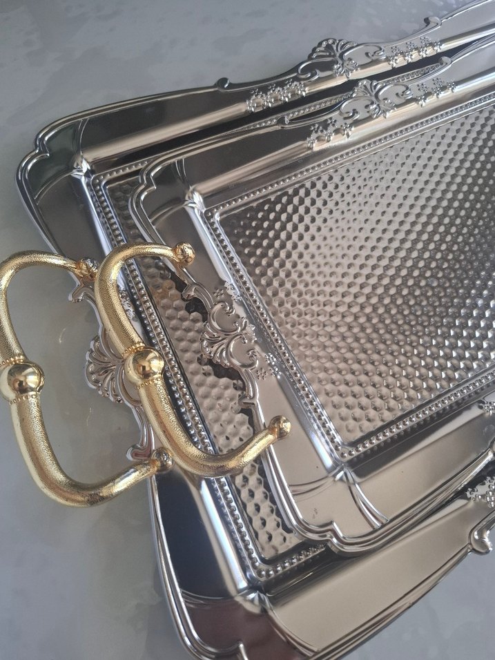 Altın Renkli Parlak Dekoratif ikili çay Tepsisi - Görsel 3