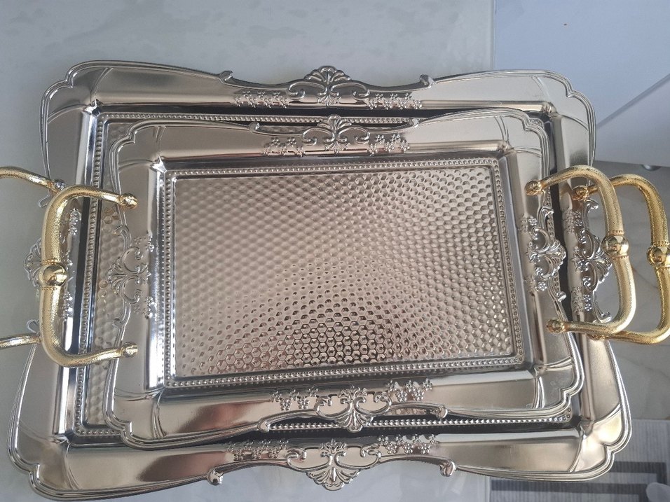 Altın Renkli Parlak Dekoratif ikili çay Tepsisi - Görsel 2