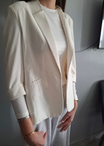 Düğmeli Beyaz Kadın  Blazer Ceket - Görsel 5