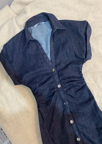 Zara Zara Düğmeli Lacivert Denim Midi Elbise