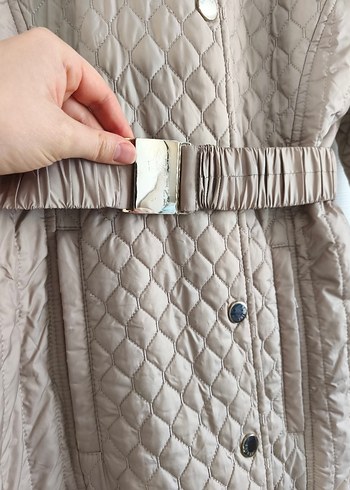 Bej Uzun Kadın mont Düğmeli Kemerli - Görsel 3