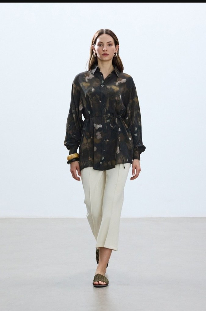 Kadın Haki Düğmeli Uzun Kollu Gömlek - Görsel 2