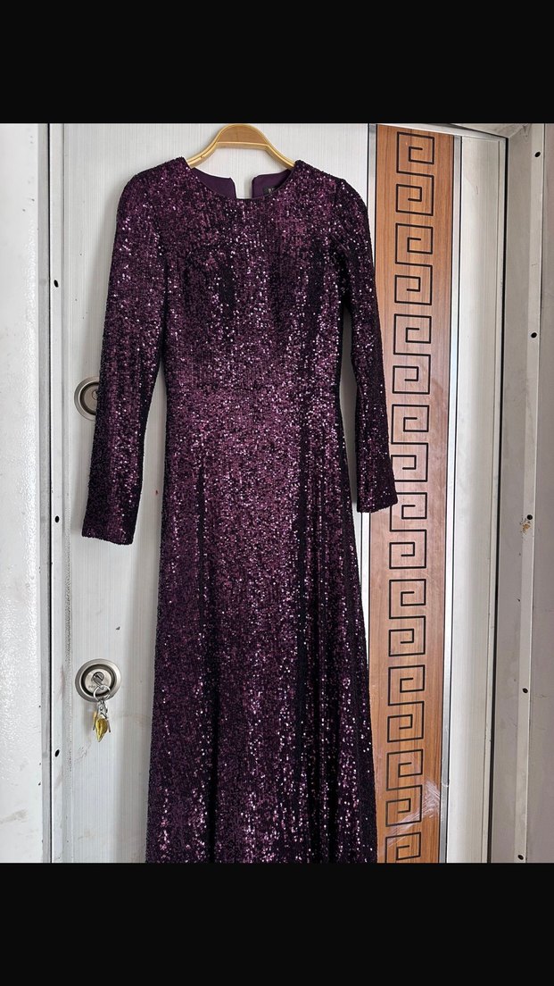 Kadın Mor Payetli Uzun Abiye Elbise - Görsel 2