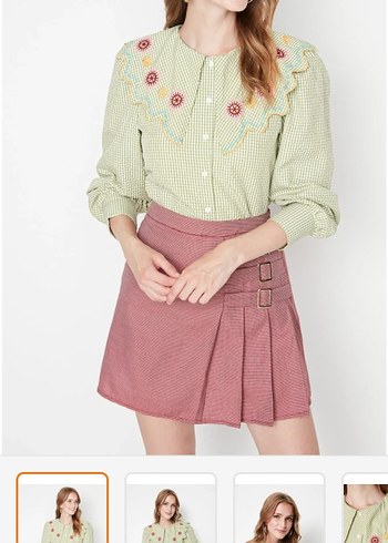 yeşil nakış detaylı gofre kumaş dokuma gömlek - Görsel 3