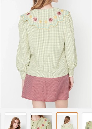 yeşil nakış detaylı gofre kumaş dokuma gömlek - Görsel 5