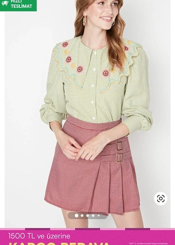 yeşil nakış detaylı gofre kumaş dokuma gömlek - Görsel 4