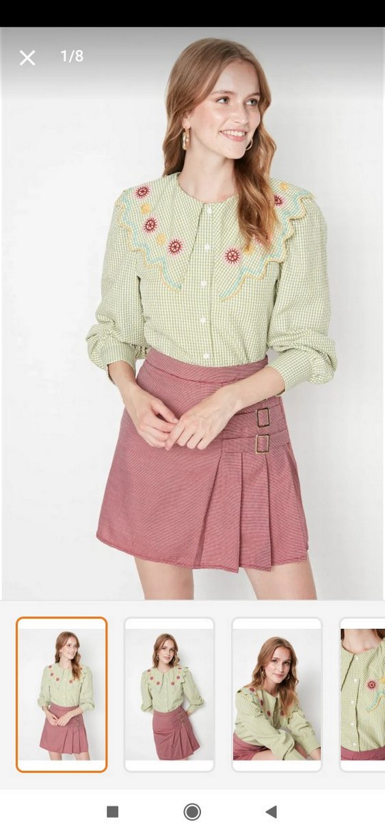 yeşil nakış detaylı gofre kumaş dokuma gömlek - Görsel 3