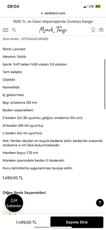 l Beden lacivert Renk Minik terzi elbise