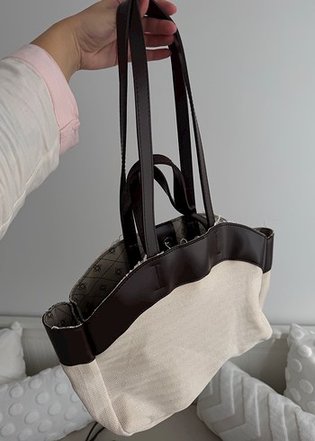 Bej Keten Kumaşlı Tokalı El Çantası - Görsel 3