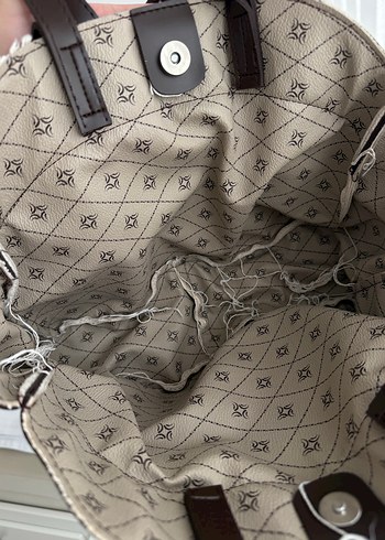 Bej Keten Kumaşlı Tokalı El Çantası - Görsel 5