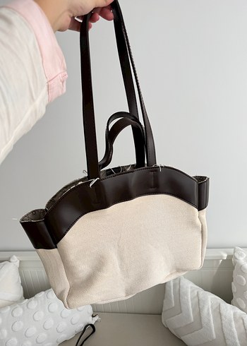 Bej Keten Kumaşlı Tokalı El Çantası - Görsel 2