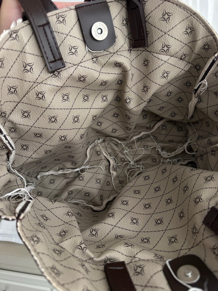 Bej Keten Kumaşlı Tokalı El Çantası - Görsel 5