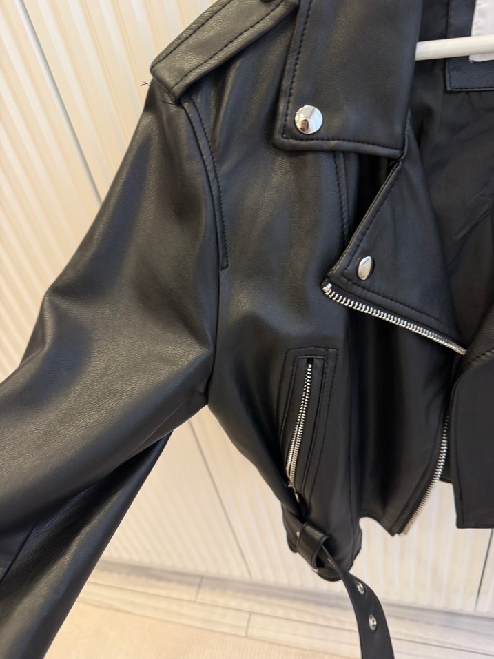 Kadın Siyah Deri Biker Ceket - Görsel 4