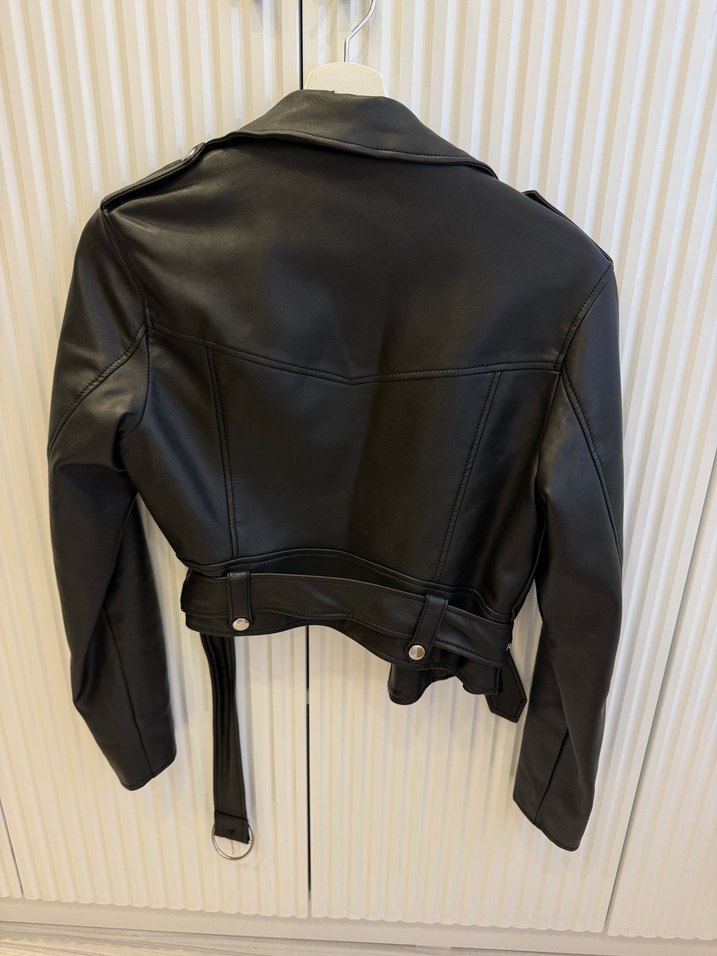 Kadın Siyah Deri Biker Ceket - Görsel 5