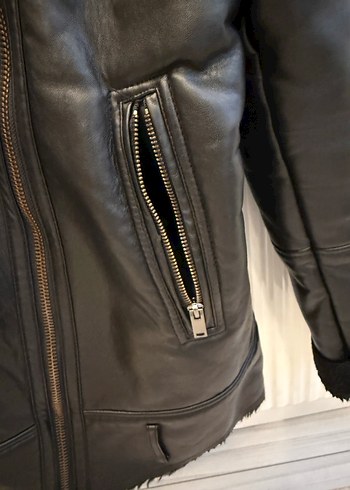 Kürk Detaylı Siyah Deri Kadın Mont - Görsel 8