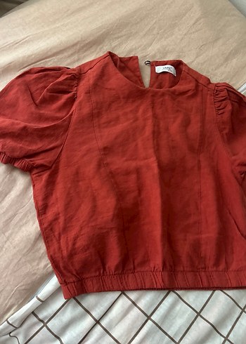 Kısa Kollu Kremit rengi Keten Bluz - Görsel 2