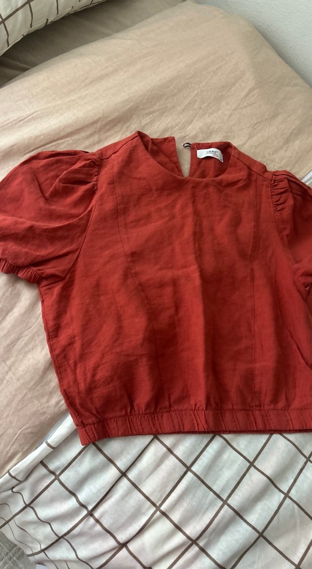 Kısa Kollu Kremit rengi Keten Bluz - Görsel 2