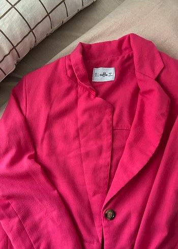 Düğmeli Pembe Kadın Keten Blazer Ceket - Görsel 4