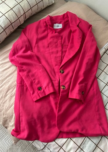 Düğmeli Pembe Kadın Keten Blazer Ceket - Görsel 2