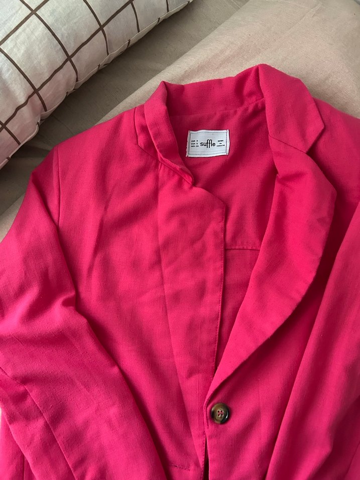 Düğmeli Pembe Kadın Keten Blazer Ceket - Görsel 4