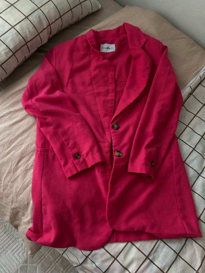 Düğmeli Pembe Kadın Keten Blazer Ceket - Görsel 3