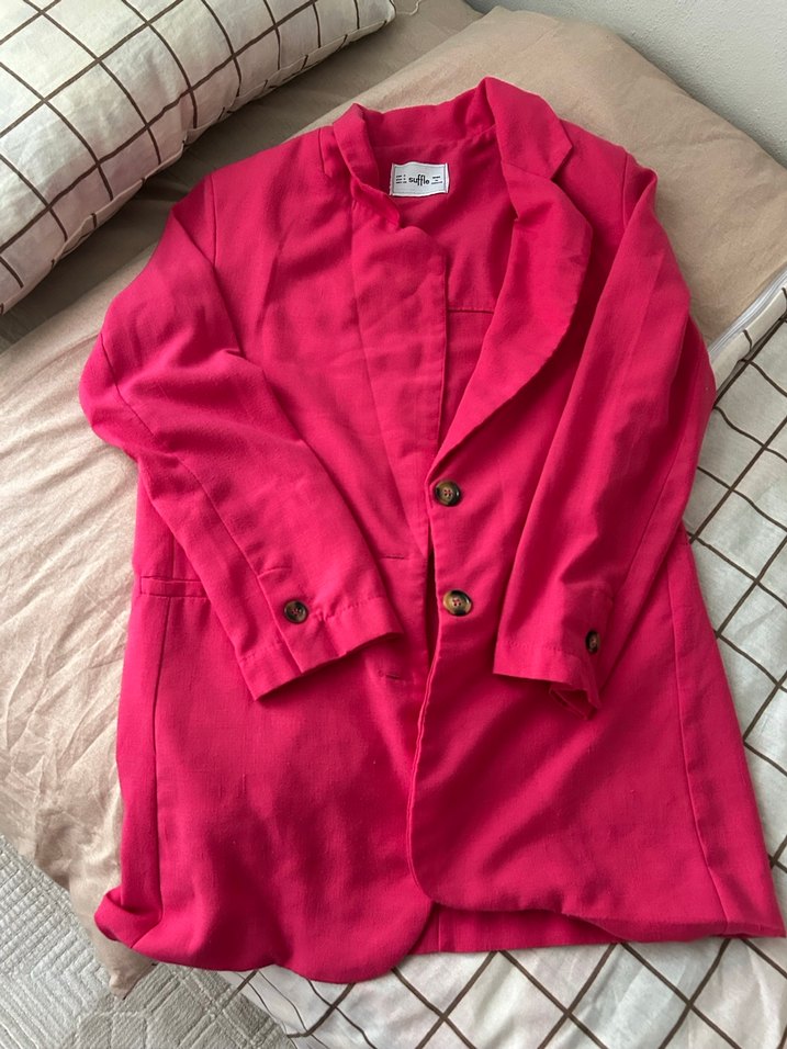 Düğmeli Pembe Kadın Keten Blazer Ceket - Görsel 2