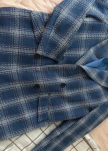 Düğmeli Lacivert Ekose Midi Kadın Kaban ceket - Görsel 2