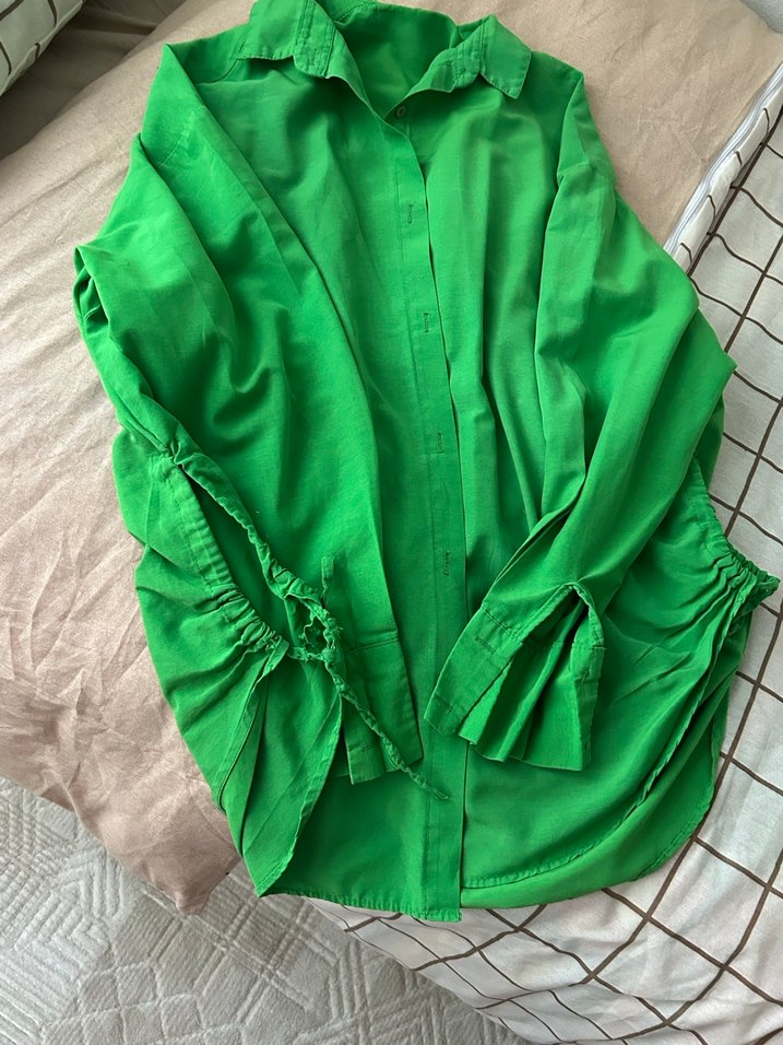 Yeşil Uzun Kollu Salaş Keten Gömlek - Görsel 2