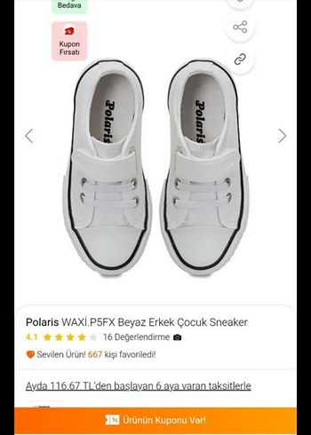 Polaris Beyaz Erkek Çocuk Sneaker