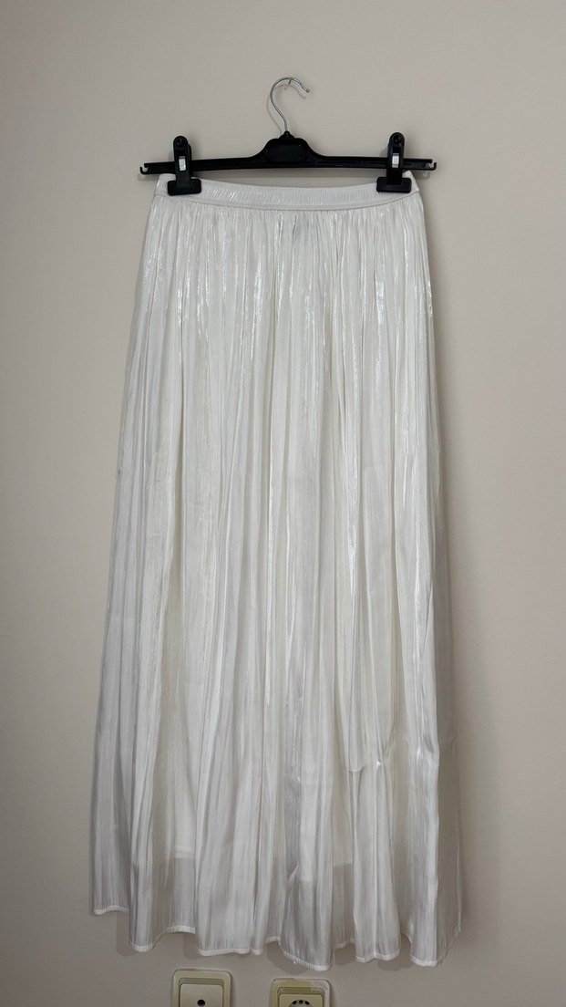 Beyaz Kadın Pilili Uzun Keten Etek - Görsel 2