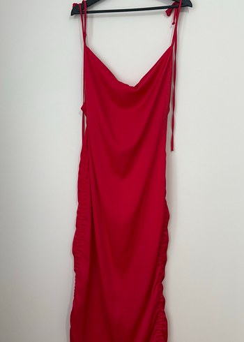 Kırmızı Drapeli Uzun Askılı Kadın Elbise - Görsel 4