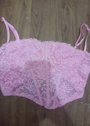 Pembe Dantelli Askılı korse Büstiyer