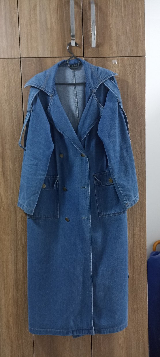 Kadın Lacivert Denim Midi Yağmurluk - Görsel 3