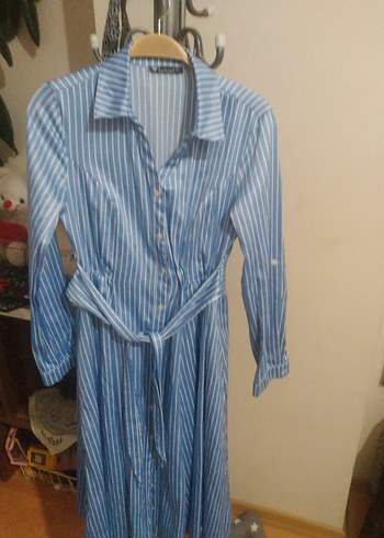 Mavi çizgili uzun gomlek elbise - Görsel 6