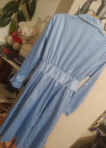 Mavi çizgili uzun gomlek elbise - Görsel 7