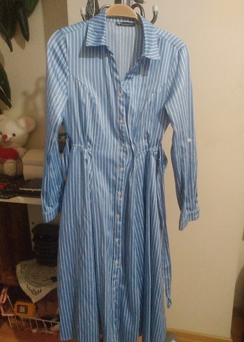 Mavi çizgili uzun gomlek elbise - Görsel 4