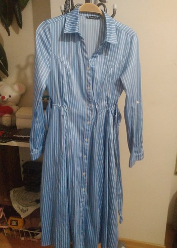 Mavi çizgili uzun gomlek elbise - Görsel 3