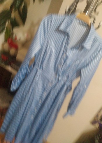 Mavi çizgili uzun gomlek elbise - Görsel 2