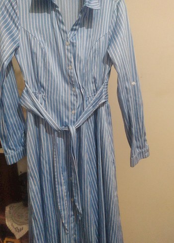 Mavi çizgili uzun gomlek elbise - Görsel 5