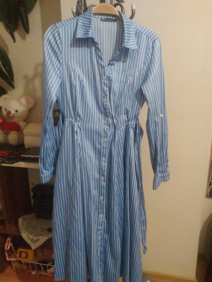 Mavi çizgili uzun  gomlek elbise - Görsel 4