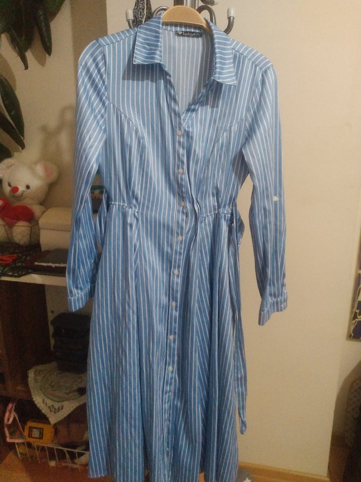 Mavi çizgili uzun  gomlek elbise - Görsel 3